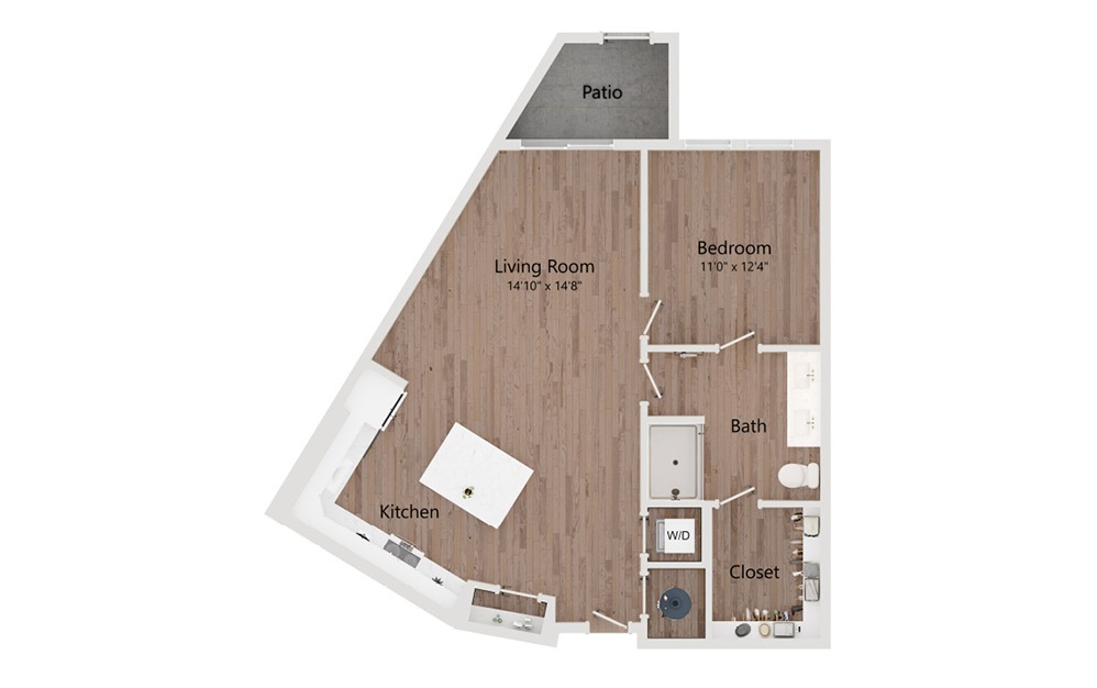 A13 - 1 bedroom floorplan layout with 1 bathroom and 840 square feet