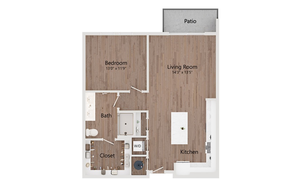 A14 - 1 bedroom floorplan layout with 1 bathroom and 806 - 883 square feet