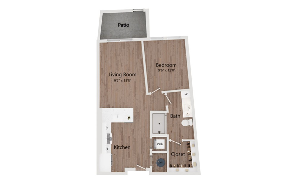A3 - 1 bedroom floorplan layout with 1 bathroom and 679 - 729 square feet