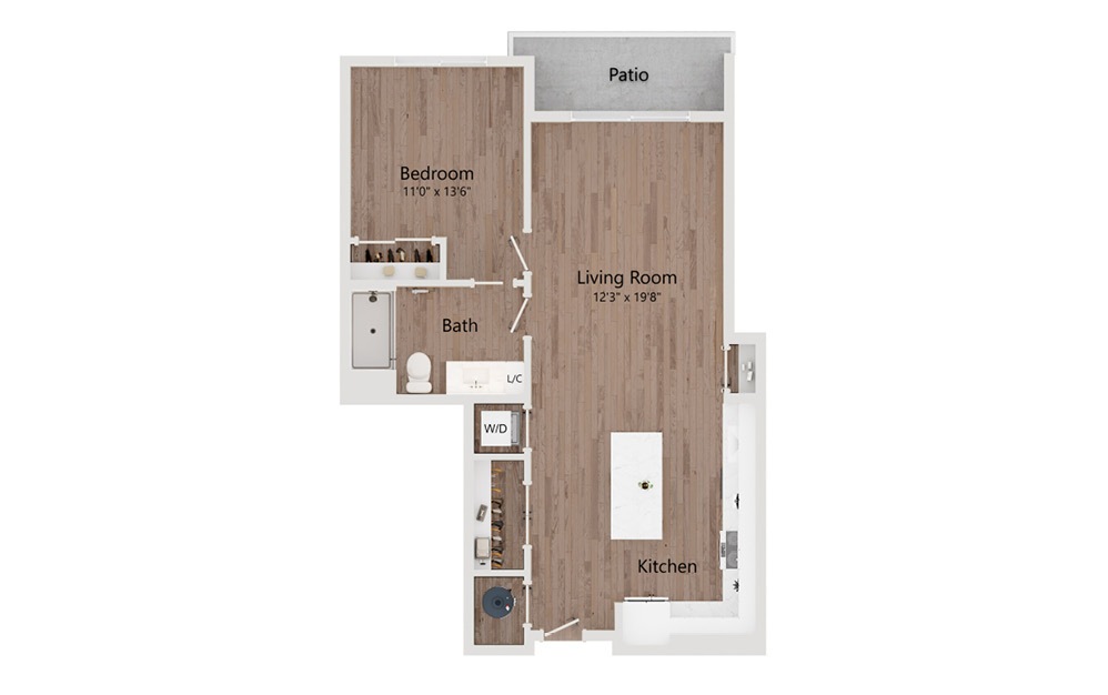 A7 - 1 bedroom floorplan layout with 1 bathroom and 738 square feet