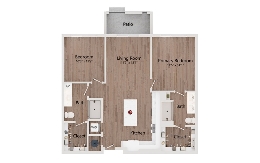 B1 - 2 bedroom floorplan layout with 2 bathrooms and 1023 - 1064 square feet