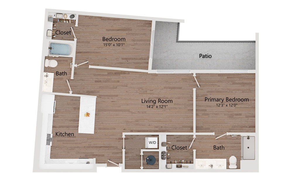 B10 - 2 bedroom floorplan layout with 2 bathrooms and 1075 square feet