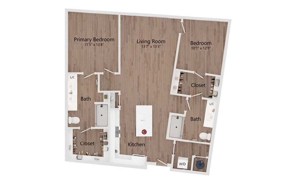 B2 - 2 bedroom floorplan layout with 2 bathrooms and 1106 square feet