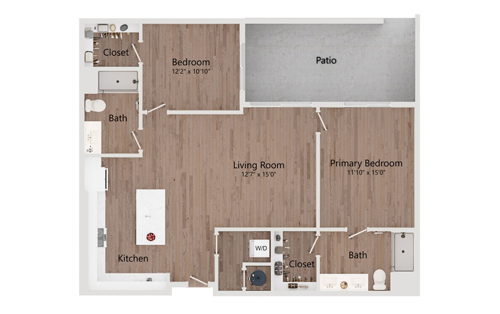 B4 - 2 bedroom floorplan layout with 2 bathrooms and 1124 square feet
