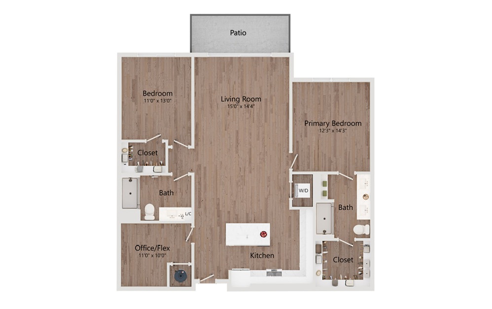 B5 - 2 bedroom floorplan layout with 2 bathrooms and 1344 square feet