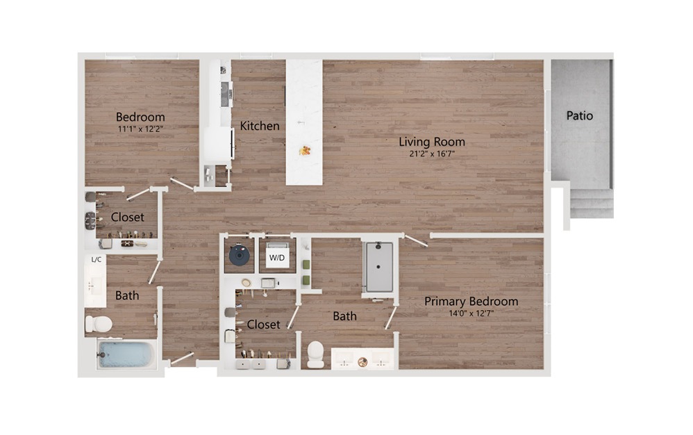 B6 - 2 bedroom floorplan layout with 2 bathrooms and 1305 square feet