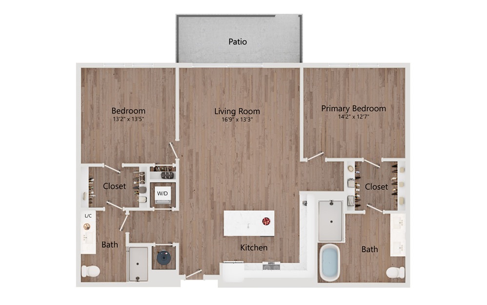 B7 - 2 bedroom floorplan layout with 2 bathrooms and 1316 - 1326 square feet