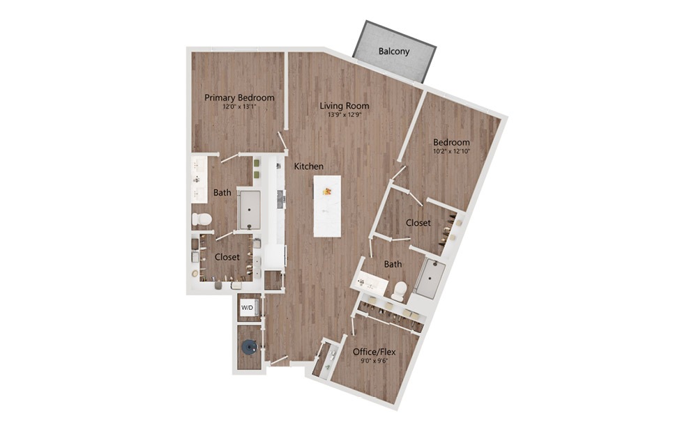 B8 - 2 bedroom floorplan layout with 2 bathrooms and 1304 square feet