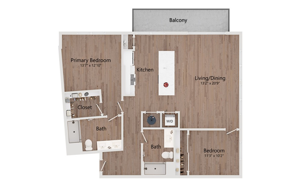 B9 - 2 bedroom floorplan layout with 2 bathrooms and 1167 square feet
