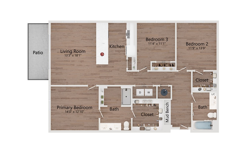 C1 - 3 bedroom floorplan layout with 2 bathrooms and 1405 - 1502 square feet