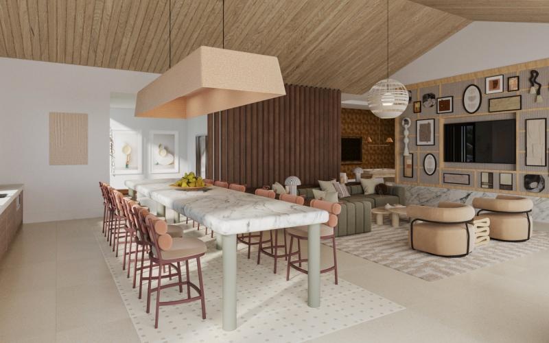 a clubroom with a table and chairs