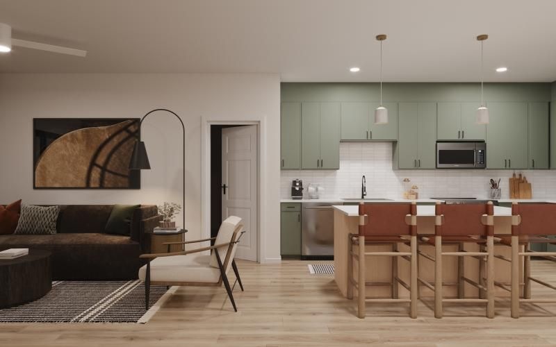 a living room with a couch and a table