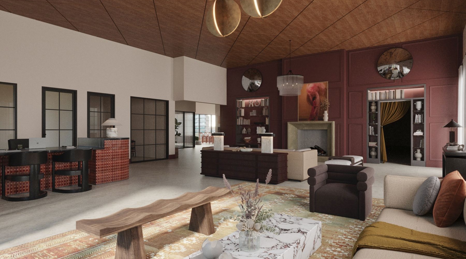 a clubroom with a couch, tables and chairs