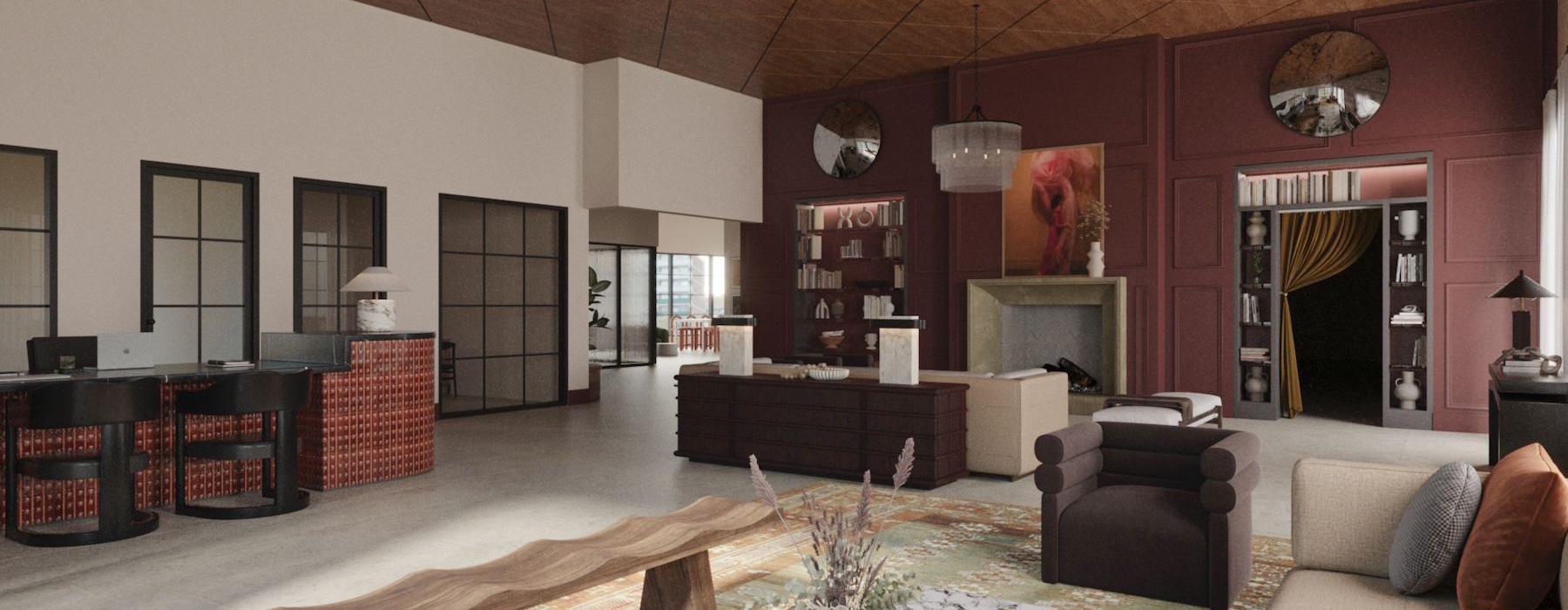 a clubroom with a couch, tables and chairs