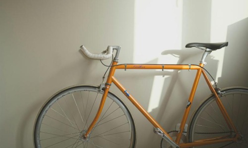 a bicycle parked in a room