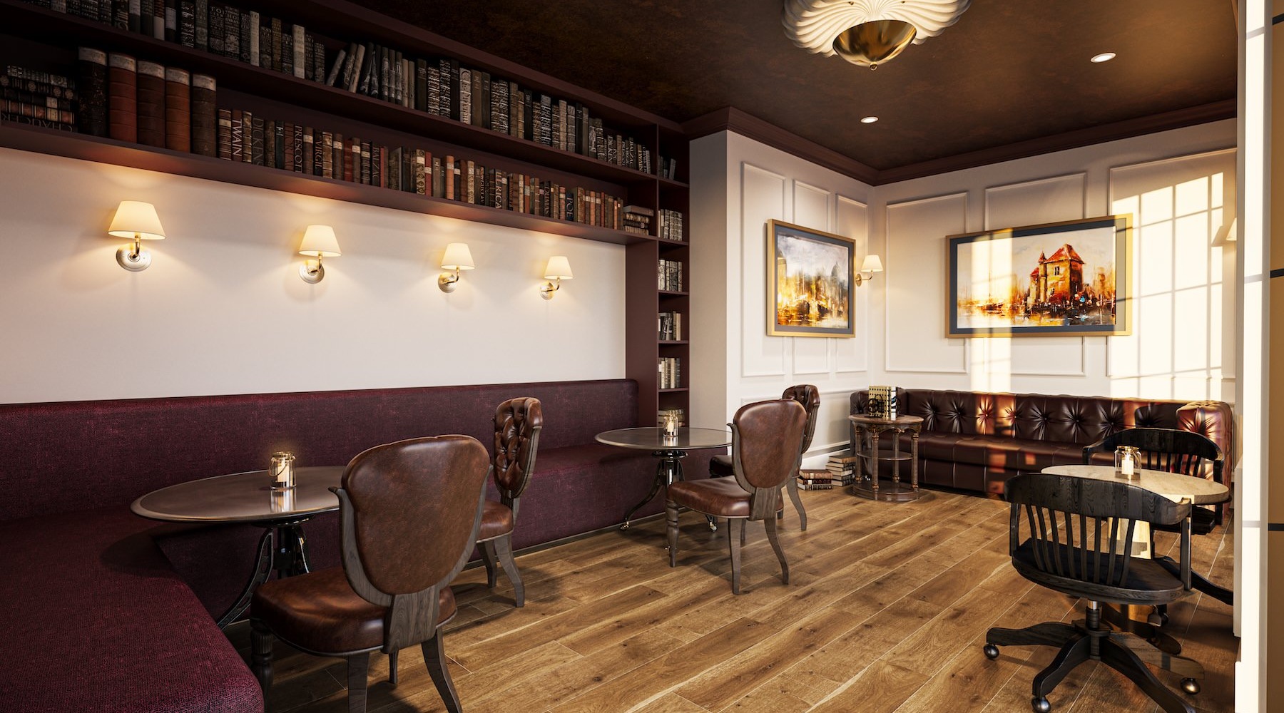 a clubroom with tables and chairs