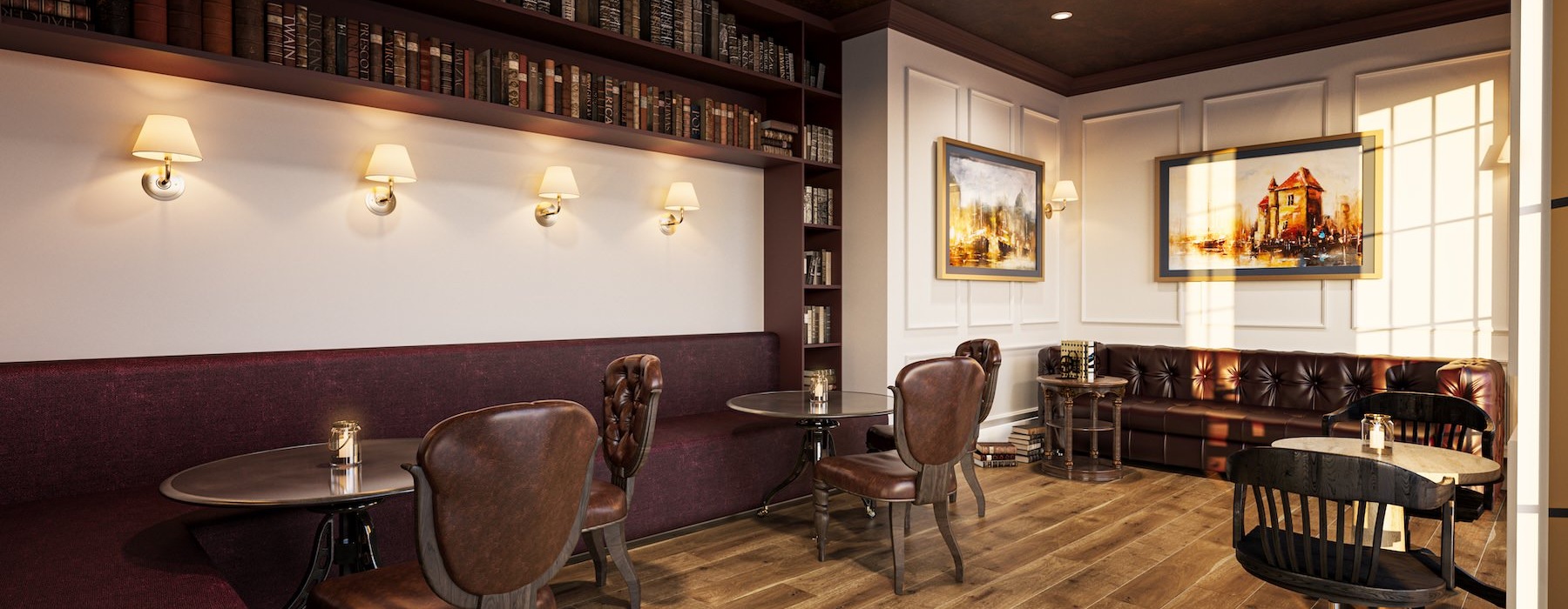 a clubroom with tables and chairs