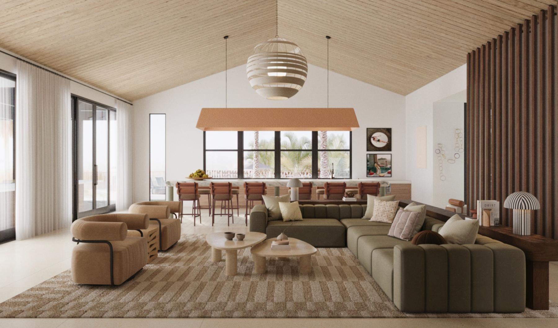 a clubroom with couches and tables