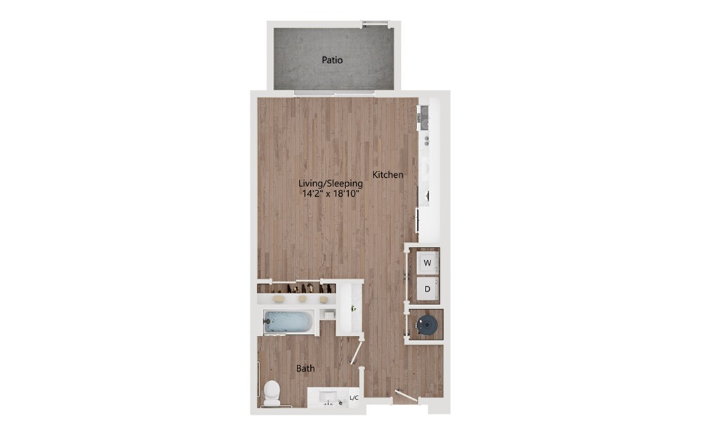 S1 - Studio floorplan layout with 1 bathroom and 516 - 525 square feet